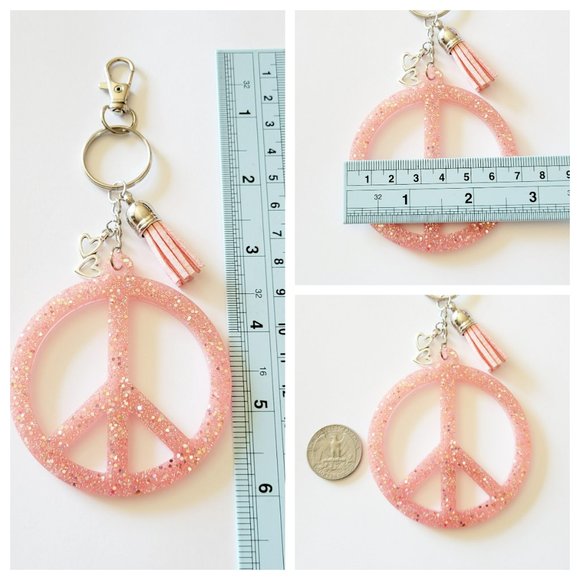 Pink Glitter Peace Sign Oversized Keychain w Heart Charm Clip and Tassel - Picture 4 of 6